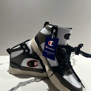 Champion Mid-Top Athletic Sneakers in White, Black & Olive with Orange Logo
